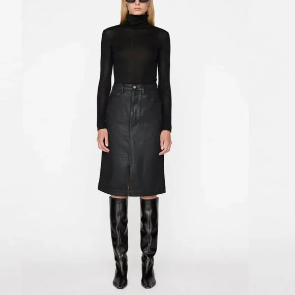 FRAME Split-Hem Coated Midi Skirt (Noir Coated Black)